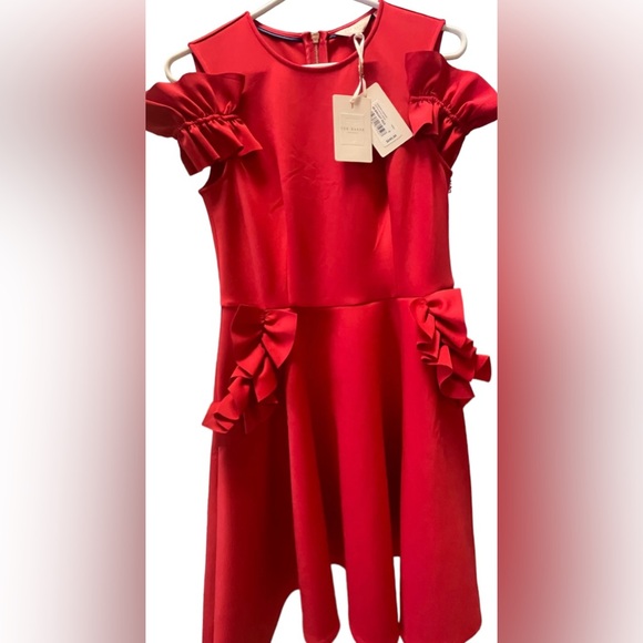 Ted Baker Cold shoulder Ruffle Dress New w/Tags Bright Red US Sz 6 - Picture 5 of 13